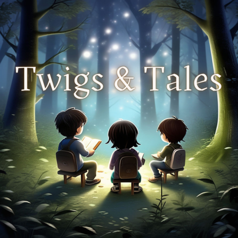 Three young children sit reading books in a glowing forest.